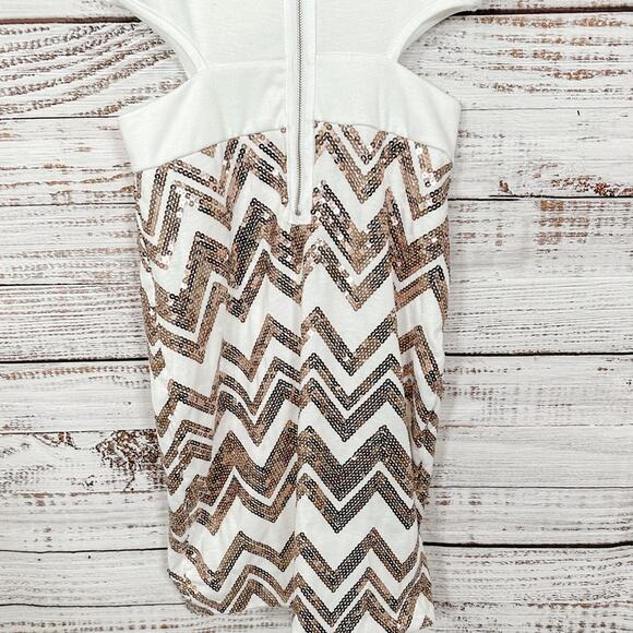 Charlotte Russe Ivory Cut Out Side Dress with Rose Gold Sequins, GUC, Small - Picture 8 of 9